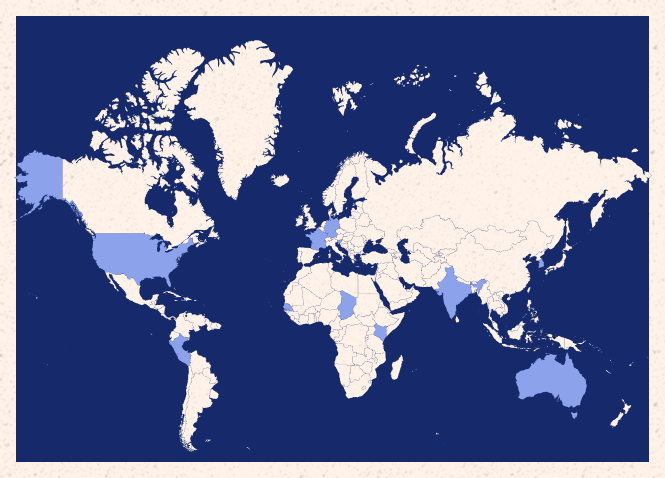 Carte du monde sur un post-it, avec certains pays mis en avant à travers les différents continents