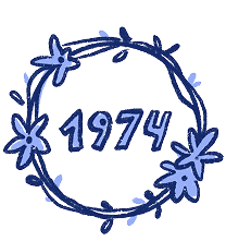 Illustration d'une couronne de brins, feuilles et fleurs entourant le nombre 1974