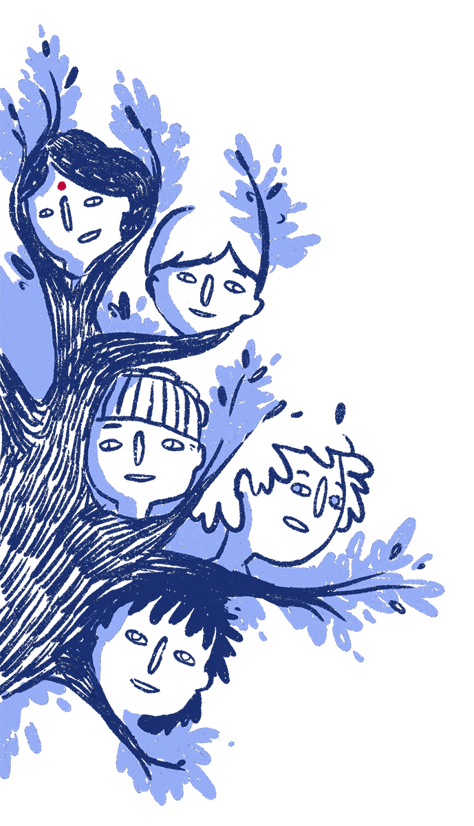 illustrations de différents visages de jeunes enfants et jeunes femmes dans un arbre