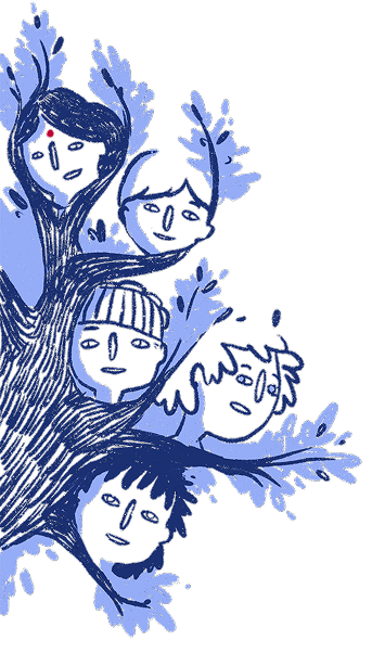 illustrations de différents visages de jeunes enfants et jeunes femmes dans un arbre