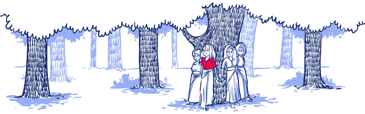 Illustration de femmes indiennes qui enlacent un arbre, dans une forêt